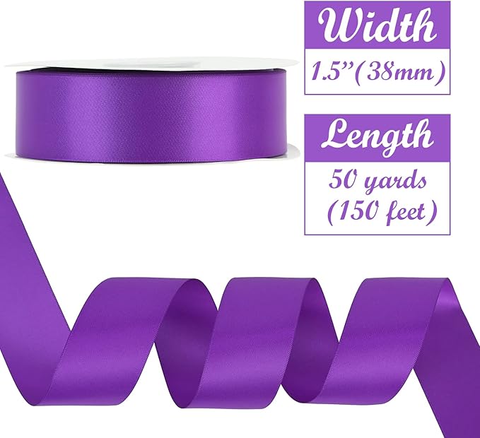 HUIHUANG Purple Ribbon Satin 1-1/2" Wide Double Face Polyester Satin Ribbons for Crafts, Thick Silk Ribbon for Halloween Hair Bows Floral Bouquet Cake Box Decor Party-50 Yards