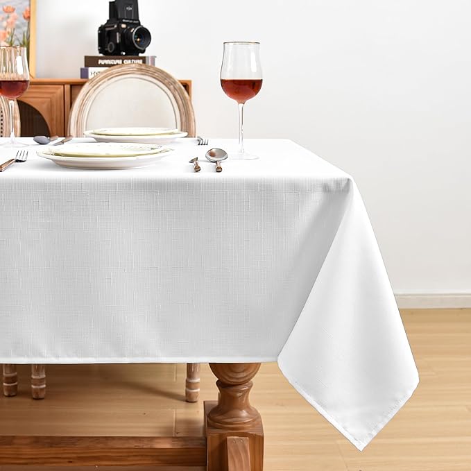Fitable Faux Linen White Tablecloths for Rectangle Tables - 90 x 156 Inch - 6 Pack Fabric Textured Washable Table Clothes Floor Lenghth Table Covers for Wedding, Party, Banquet, Birthday