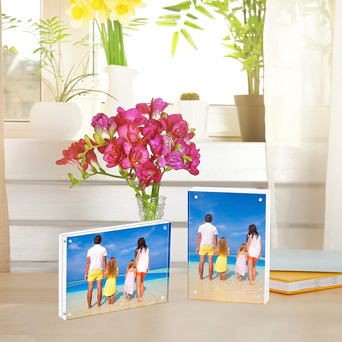 Meetu Acrylic Picture Frame 3.5 x 5 inch,2 Pack Clear Freestanding Double Sided 20mm Thickness Frameless Magnetic Photo Frames Desktop Display with Gift Box Package
