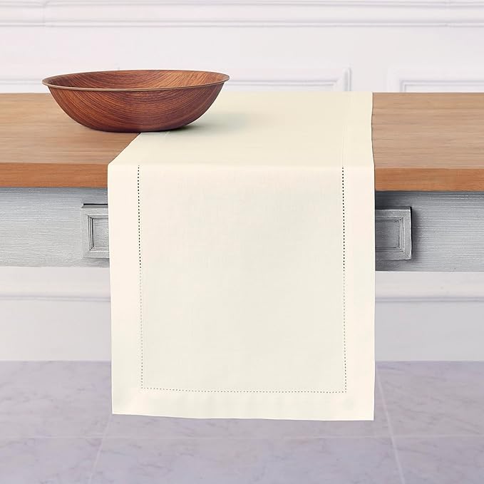 Solino Home Ivory Table Runner 156 Inches Long - Cotton Linen Hemstitch Extra Long Table Runner 14 x 156 Inch for Fall, Autumn, Thanksgiving, Christmas, Holiday