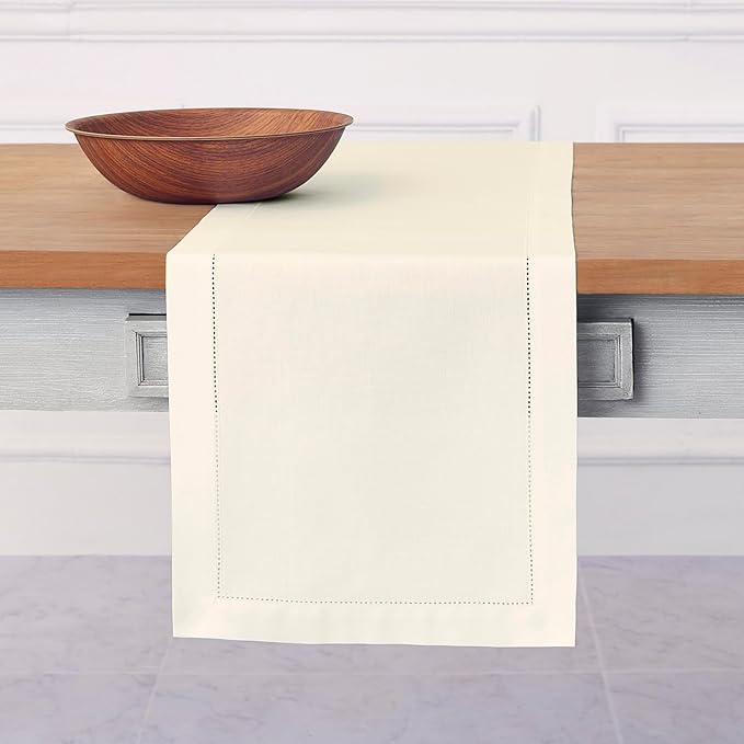 Solino Home Ivory Table Runner 132 Inches Long - Cotton Linen Hemstitch Extra Long Table Runner 14 x 132 Inch for Fall, Autumn, Thanksgiving, Christmas, Holiday