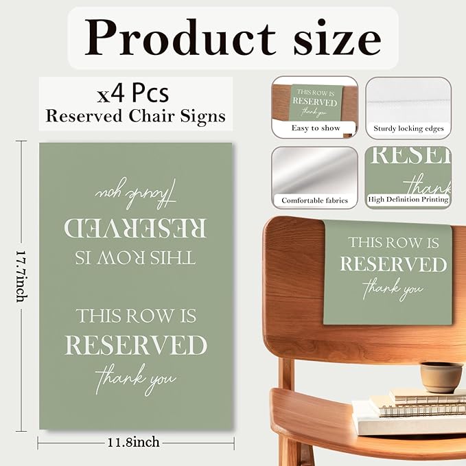 Reserved Seating Chair Signs, This Row Is Reserved Pew Cloths Seating Placeholder for Church Pews, Sage Green Wedding Decorations for Reception Parties Event (Sage Green, 4 PCS)