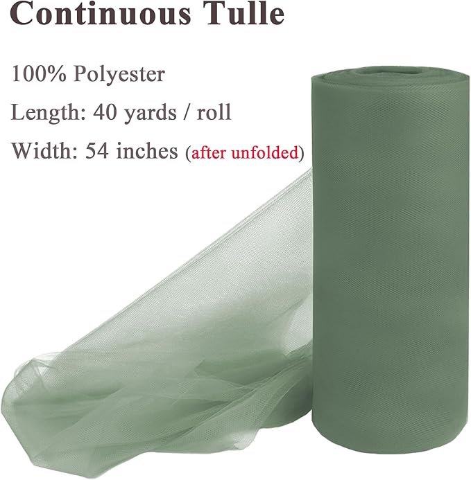 Moss Green Tulle Fabric Rolls 54 Inch x 40 Yards Large Mesh Tull Bolt for Wedding, Garden Netting, Tutu Skirt, Party Decoration and Craft Supplies