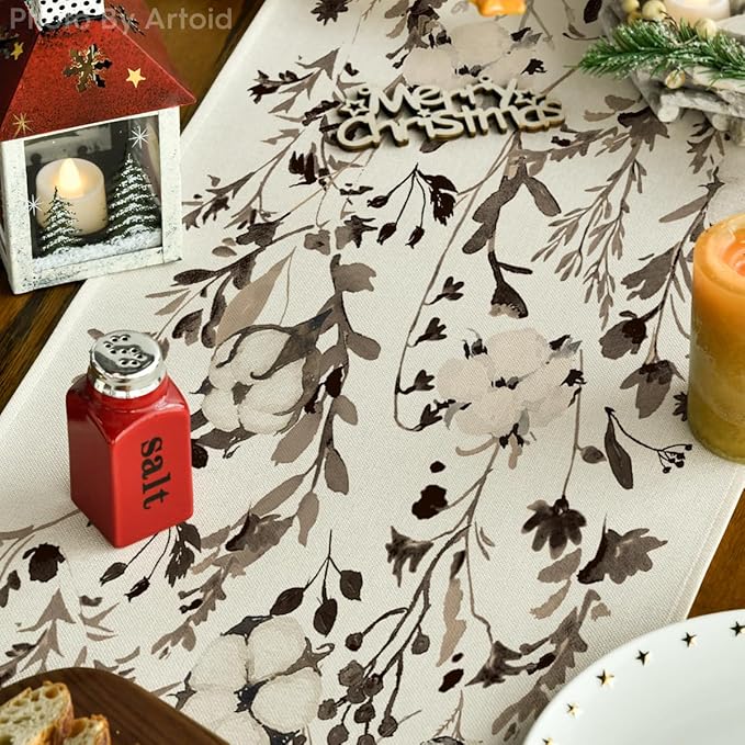 Artoid Mode Leaves and Flowers Cotton 210 GSM Winter Table Runner, Seasonal Christmas Kitchen Dining Table Decoration for Home Party Decor 13x108 Inch