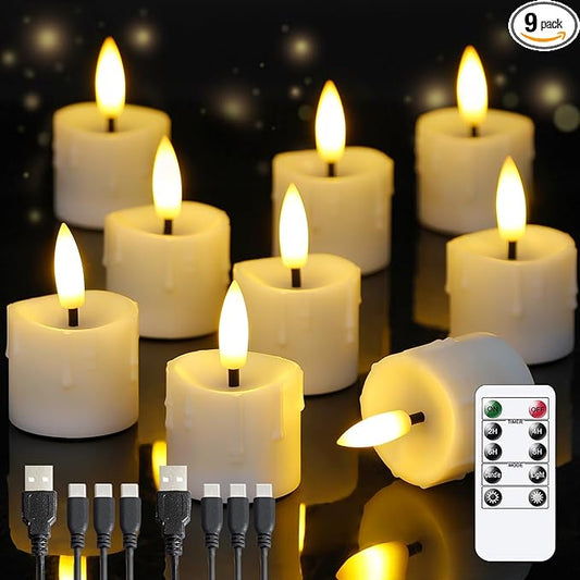 Rechargeable Flameless 1.6" x2.5" Tea Light Candles with Remote & Type-C Charging Cable, Timer LED Flickering White Plastic 9pcs Mini Dripping Wax Votive Tealight Candles