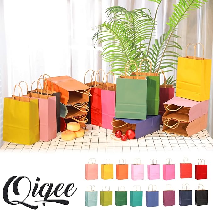 qiqee Small Size Paper Gift Bags With Handles 8.3"x6"x3.15" 16 Solid Colors Party Favor Bags（16-Packs）