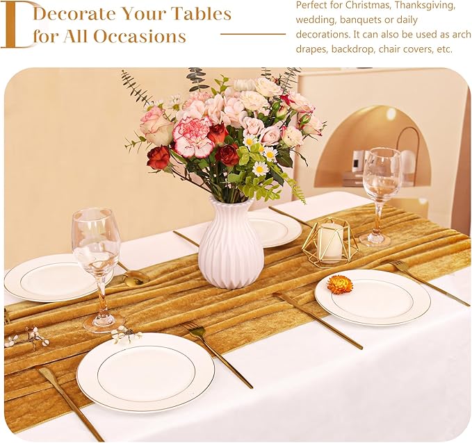 Velvet Table Runner 20 x 120 Inches 10ft Luxurious Thick Soft Velvet Christmas Thanksgiving Wedding Reception Table Runner for Party Reception Decorations(Gold, 1 Pack)