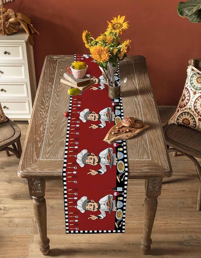Red Chef Gourmet Cotton Linen Table Runner for Dining Kitchen, Wedding Outdoor Party Tablerunners Decoration, Black White Check Plaid Funny Kitchen Dresser Scarf Coffee Tablecloth Runners 13''x120''