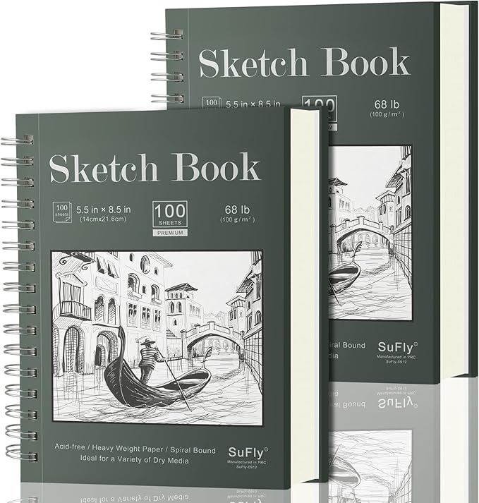 SuFly Small Sketch Book 5.5"x8.5", 2-Pack Mini Sketchbook, Spiral Bound Sketchbook Hardcover with 200 Sheets of 68lb/100gsm Mini Drawing Pad Paper, Small Sketch Pads for Drawing for Adults & Kids.