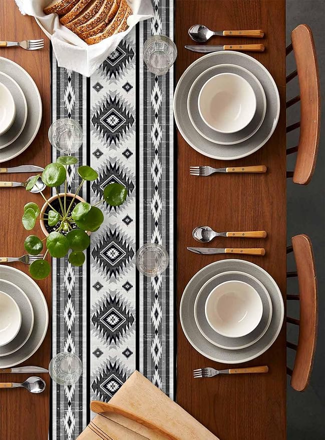 Aztec Southwest Cotton Linen Table Runner for Dining Kitchen, Wedding Outdoor Party Tablerunners Decoration, Boho Ethnic Tribes Vintage Grey Dresser Scarf Coffee Tablecloth Runners 13x48 Inches
