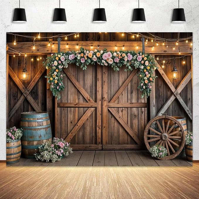 6x4ft Country Wedding Photography Backdrop Rustic Barn Door Photography Backdrop Farmhouse Pink Flower Cabin Wooden Birthday Baby Shower Wedding Bridal Party Banner Photo Booth Props Background