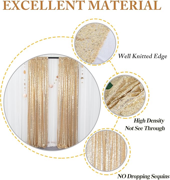 ShinyBeauty Sequin Gold Backdrop Curtains 2PCS Light Gold Glitter Background Sparkle Photography Backdrop Outdoor Backdrop (4FTx8FT,Light Gold)