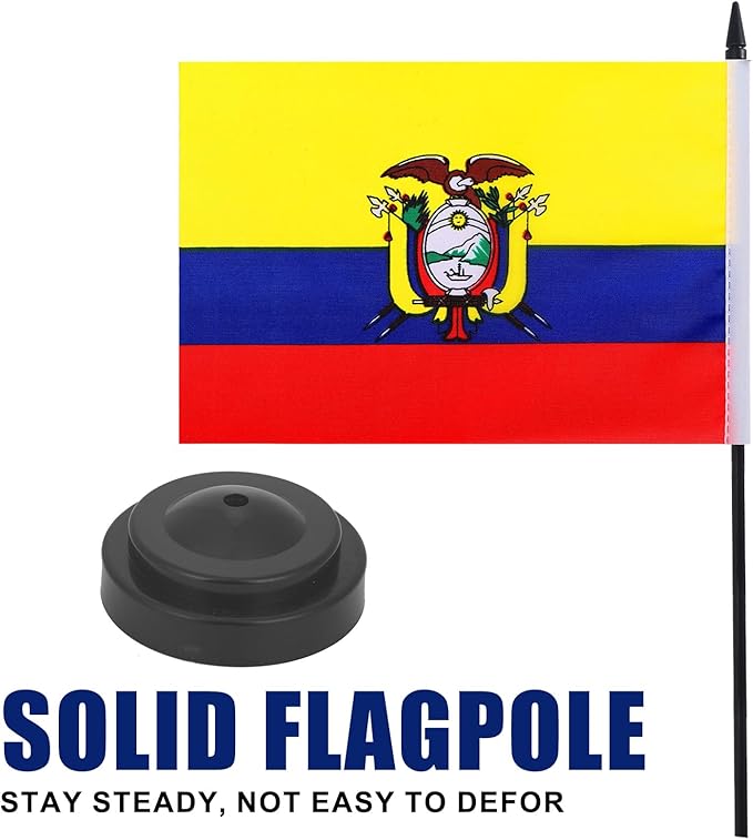 Ecuador Desk Flag 12" Solid Pole Deluxe Set Ecuadorians Flags Banner Mini Small Ecuador Office Table Flags with Black Stand Base Desktop Decorations(2Pack)