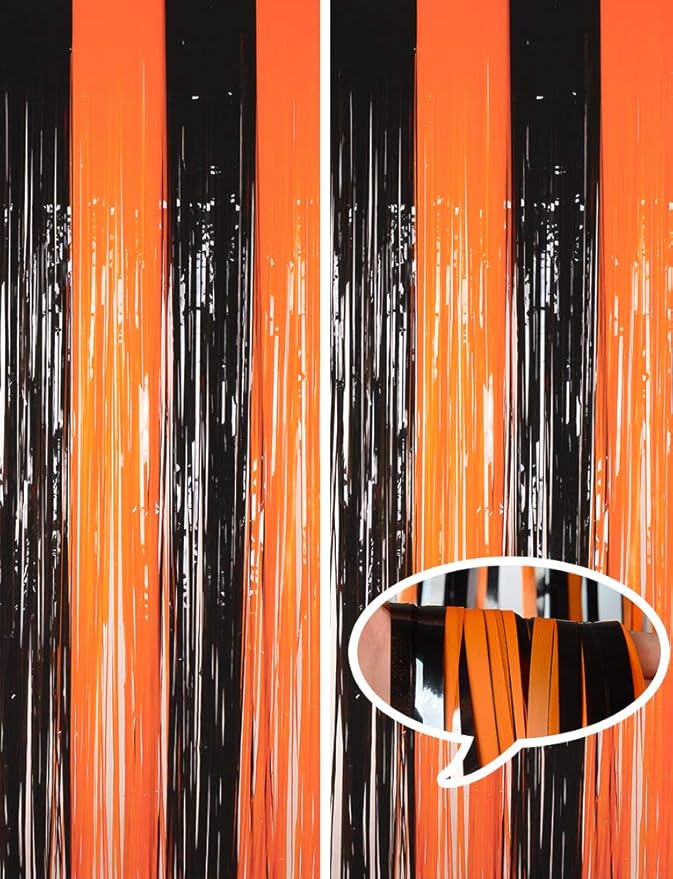 Melsan Halloween Decorations Tinsel Backdrop Foil Fringe Curtains, 3.2 ft x 8.2 ft Black Orange Metallic Foil Curtains for Halloween Party Photo Booth Props Decorations, 2 Pack