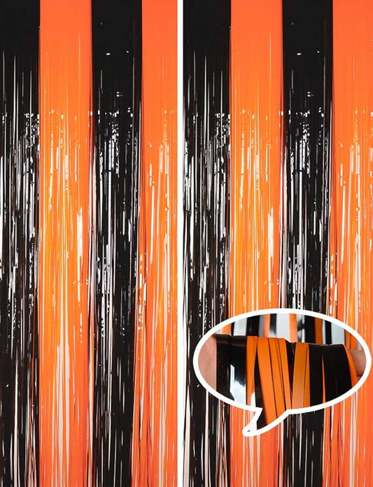 Melsan Halloween Decorations Tinsel Backdrop Foil Fringe Curtains, 3.2 ft x 8.2 ft Black Orange Metallic Foil Curtains for Halloween Party Photo Booth Props Decorations, 2 Pack