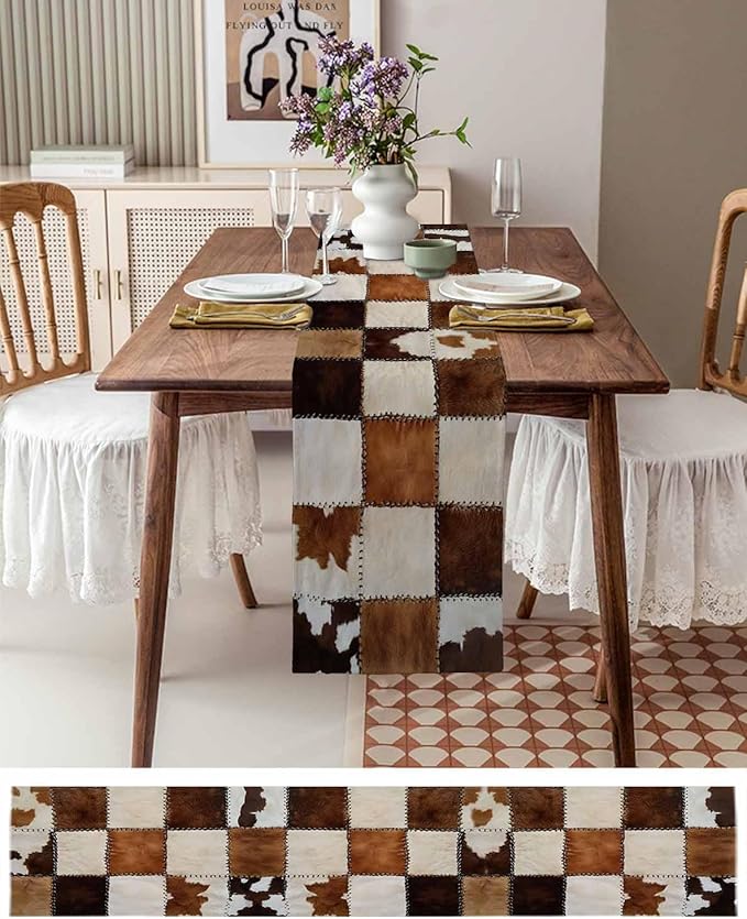 Abstract Cowhides Cotton Linen Table Runner for Dining Kitchen, Wedding Outdoor Party Tablerunners Decoration, Brown Beige Animal Fur Texture Dresser Scarf Coffee Tablecloth Runners 13x48 Inches