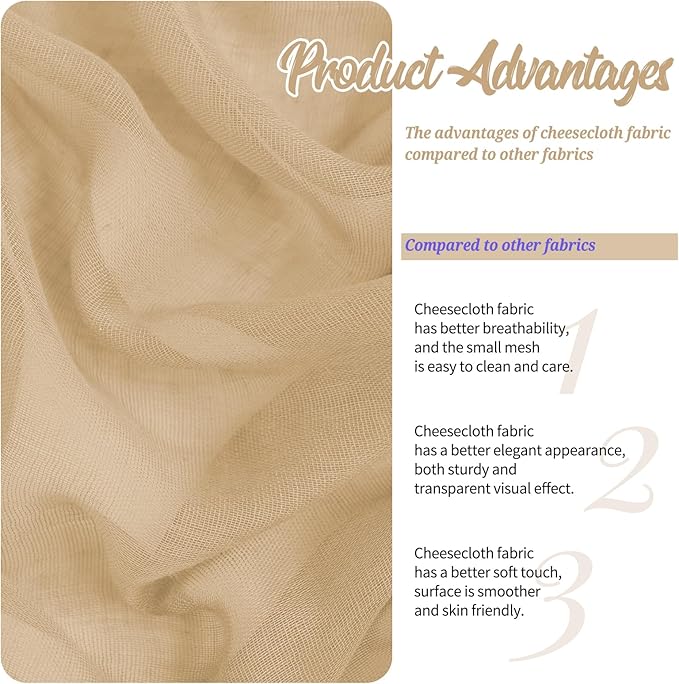 4 Panels Beige Cheesecloth Draping Fabric 35" x 20FT Gauze Fabric Arch Drapes for Wedding Reception Sheer Backdrop Photo Background Household Curtain or Outdoor Curtain