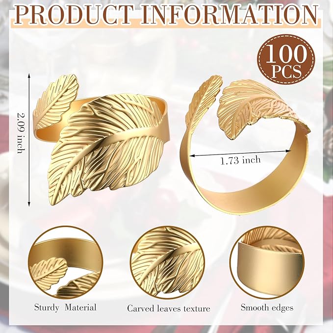 Bokon 100 Pcs Gold Napkin Rings for Wedding Shiny Metal Napkin Holder Study Leaf Shaped Table Decor for Dinner Parties Celebrations Receptions Thanksgiving Easter Christmas