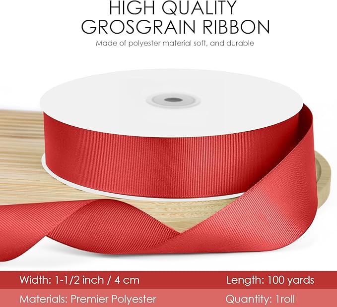 100 Yards 1.5 inch Grosgrain Ribbon, Solid Color Fabric Ribbon Perfect for Gift Wrapping, Wedding, Handmade Bows, Floral Bouquets and Party Decoration(red)