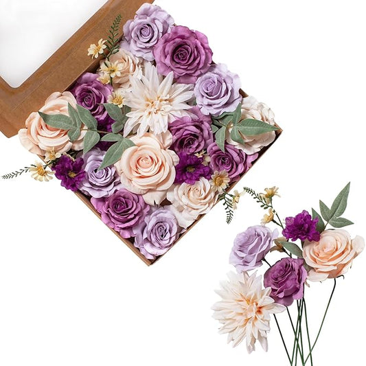 FANKO Rose Artificial Flowers Combo for DIY, Fake Purple Rose Artificial Silk Flowers with Greenery, Real Looking Artificial Faux Flowers for Wedding, Table Decoration, Centerpieces, Party, Home Décor