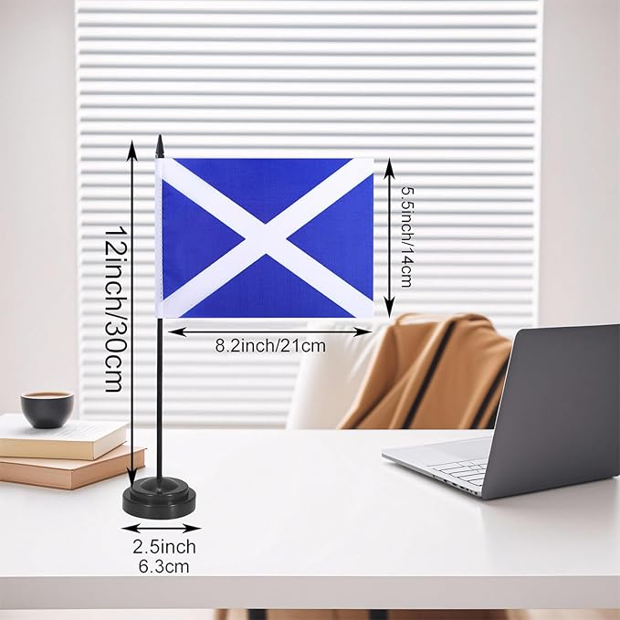 Scotland Desk Flag 12" Solid Pole Deluxe Set Scot Flags Banner Mini Small Scotland Office Table Flags with Black Stand Base Desktop Decorations(2Pack)