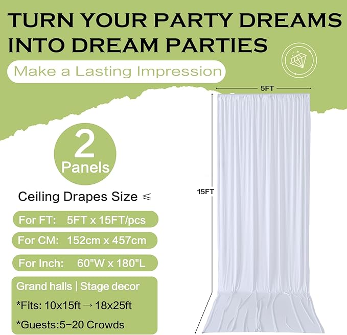 PartyVillage 10ft×15ft White Backdrop Curtain for Wedding Parties, 2 Panels Wrinkle Free 15 FT Long Polyester Photo Backdrop Drapes Back Drop Cloth for Birthday Photography Background