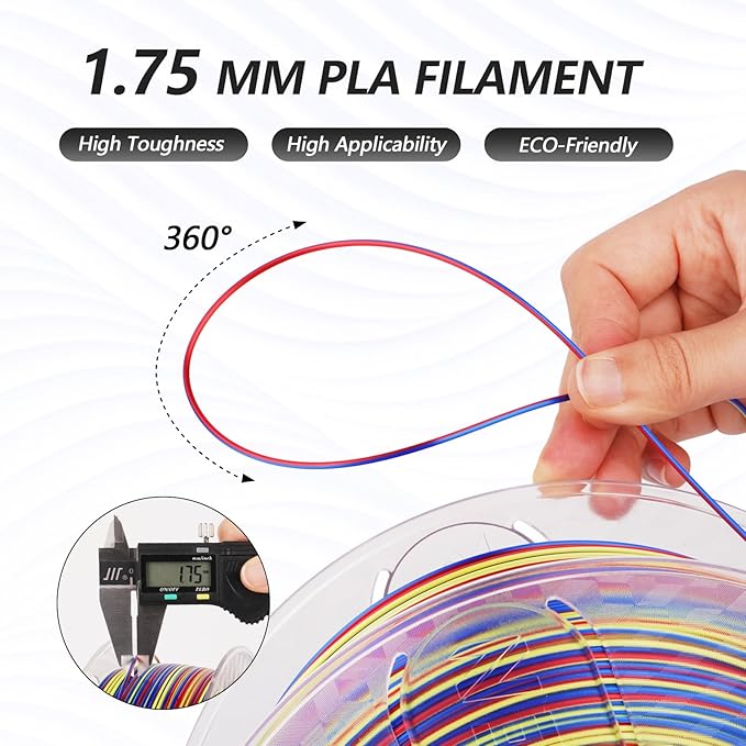 AMOLEN Silk PLA 3D Printer Filament Bundle, PLA Filament 1.75mm Shiny Multicolor Rainbow Pack, Fast Color Change 3D Printing Filament, Blue Red Yellow Green, 1KG X 2 Spools