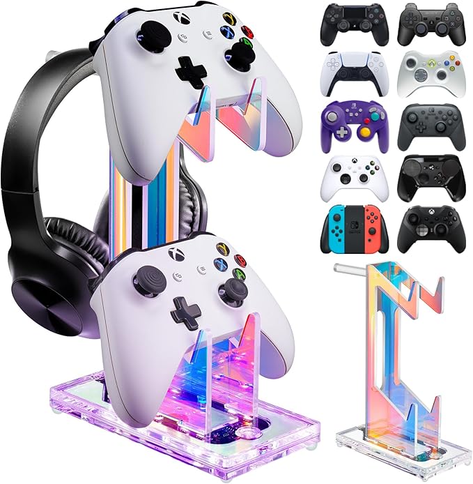 NiHome Iridescent LED Lighting Acrylic Multi-Tier Game Controller Holder & Headset Stand, USB-Powered 7 Colors & 3 Modes, Anti-Slip Gaming Accessories for Desktop, Cable Management (2 Tiers)