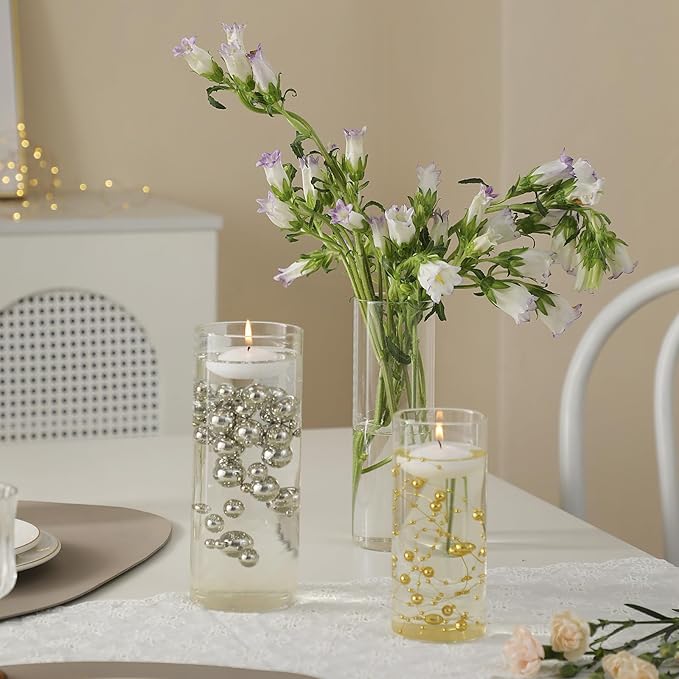 Set of 3 Glass Cylinder Vases for Centerpieces with 2 Pack Vase Filler 3 Pearl String 6 White Floating Candles for Centerpieces, Table Center Pieces for Wedding Party Home Decor 5, 6, 8 Inch