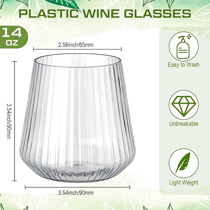 Suclain 20 Pcs Plastic Wine Glasses Ribbed Stemless Wine Glasses 14oz Vertical Design Unbreakable Cups for Outdoor Indoor Vintage Elegant Champagne Whiskey Glasses for Christmas Party Wedding