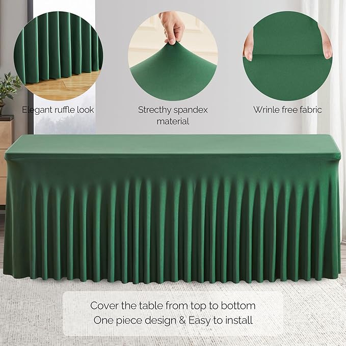 Wish Care 2 Pack Hunter Green Stretch Spandex Table Clothes for 8 Foot Rectangle Tables, 8FT Wrinkle Free Fitted Tablecloths Ruffles Design Table Cover for Party, Banquet, Wedding and Events