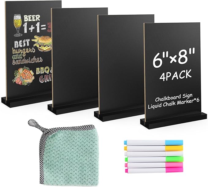 EHWINE Mini Chalkboard Easel Sign Set,4 Pack 6x8 Inch Wooden Boards with Acrylic Base and Liquid Chalk Markers, Reusable Double Sided Tabletop Display for Wedding, Restaurant, Party, Coffee Shop Decor