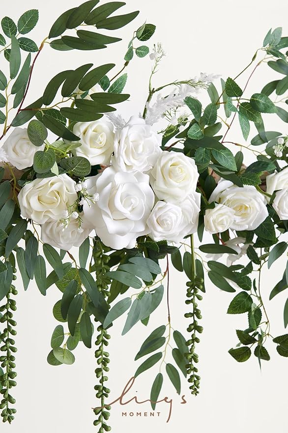 Ling's Moment Backdrop Floral Garland 6.5FT Artificial Wedding Arch Flowers Sage Green Decor, White Ceremony Reception Hanging Eucalyptus Rose Arbor Arrangement Outdoor Party Swag Home Decorations