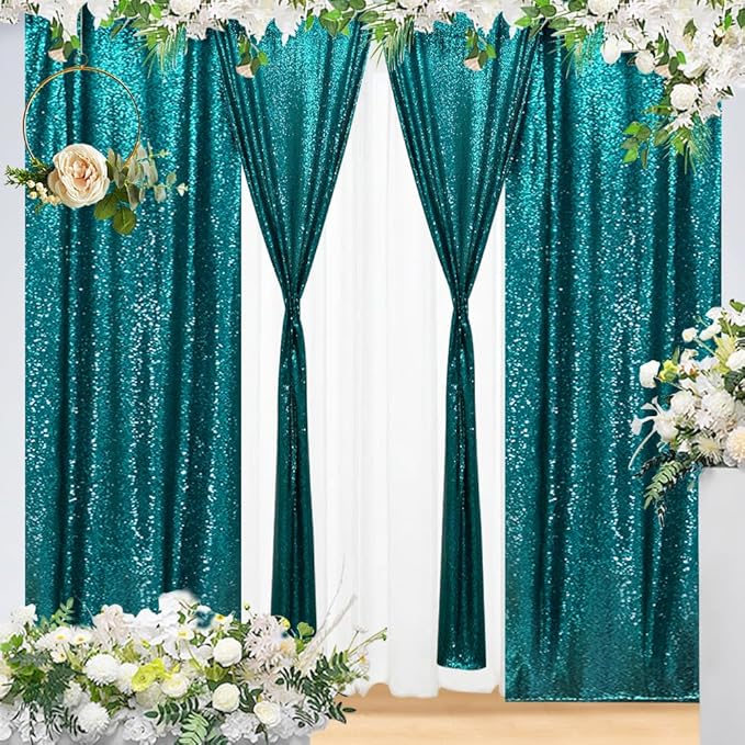 Eternal Beauty Teal Sequin Backdrop Curtains, Shimmer Back Drop 2Panels-2FTx8FT for Christmas, Party, Birthday, Photography, Wedding, Baby Shower Event Decoration