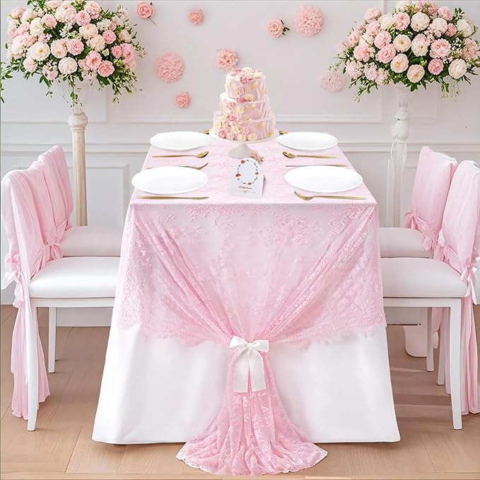 LuoluoHouse Pink Lace Table Cloth 60x120inch Tablecloth for Decorations Wedding Bridal Baby Shower Indoor Outdoor Event