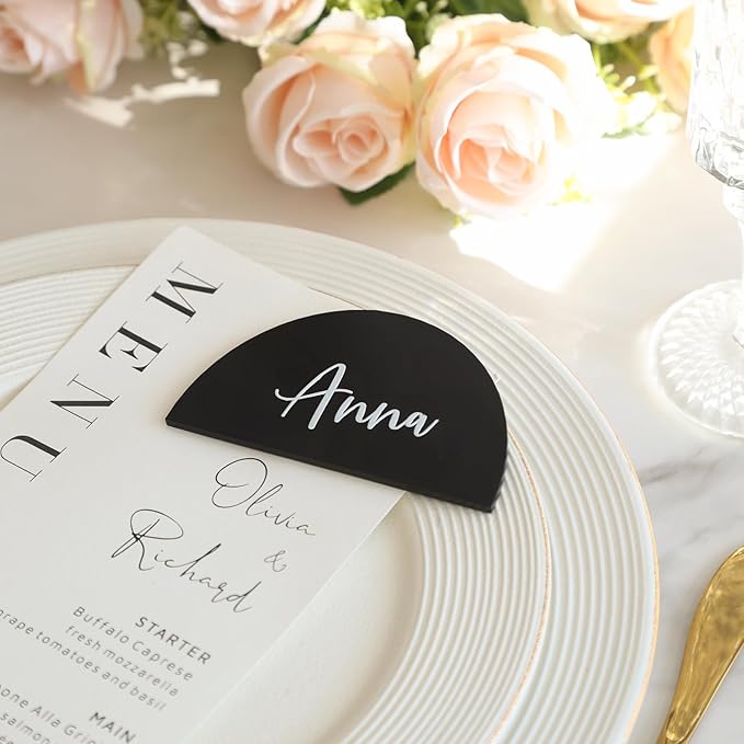 UNIQOOO 20 Pcs Black Semicircle Acrylic Place Cards, DIY Blank Half Circle Acrylic Sign, 1/8 inch Thick Perfect for Wedding Table Decor, Birthday, Centerpiece, Decoration, Party, Event,3.5x2 inches