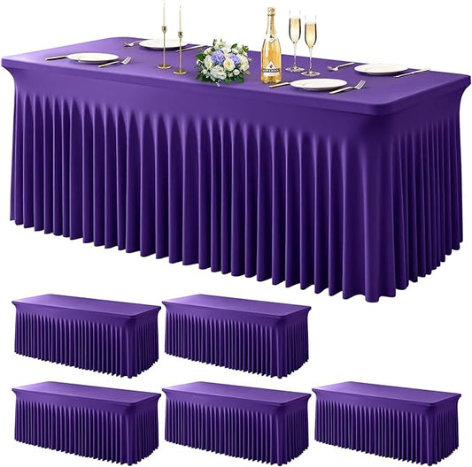 Wish Care 6 Pack Dark Purple Spandex Table Clothes for 6 Foot Rectangle Tables, 6FT Wrinkle Free Fitted Tablecloths Ruffles Design Table Cover for Party, Banquet, Wedding and Events