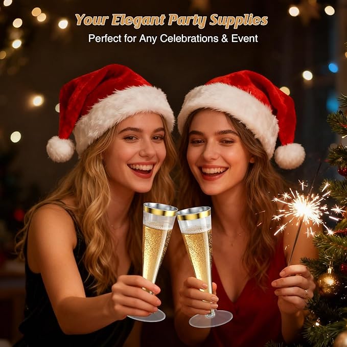 20 Pack Champagne Flutes Plastic Wine Glasses Disposable, 4.5 Oz Gold Rim Mimosa Glasses for 2025 Engagement Wedding Birthday New Years Eve Xmas Party Supplies, Bulk Toasting Cocktail Cups
