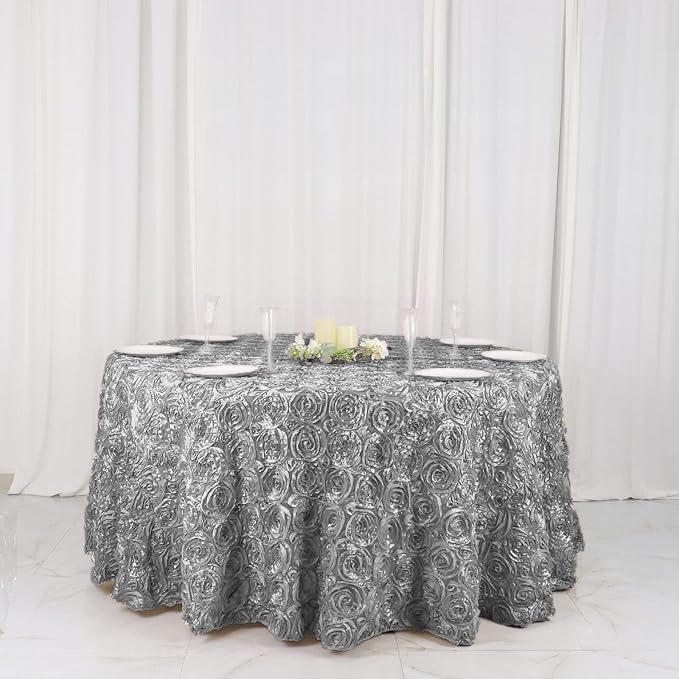 Efavormart 120" Wholesale Round Table Cover Silver Grandiose Rosette 3D Satin Tablecloth for Wedding Party Event Decoration