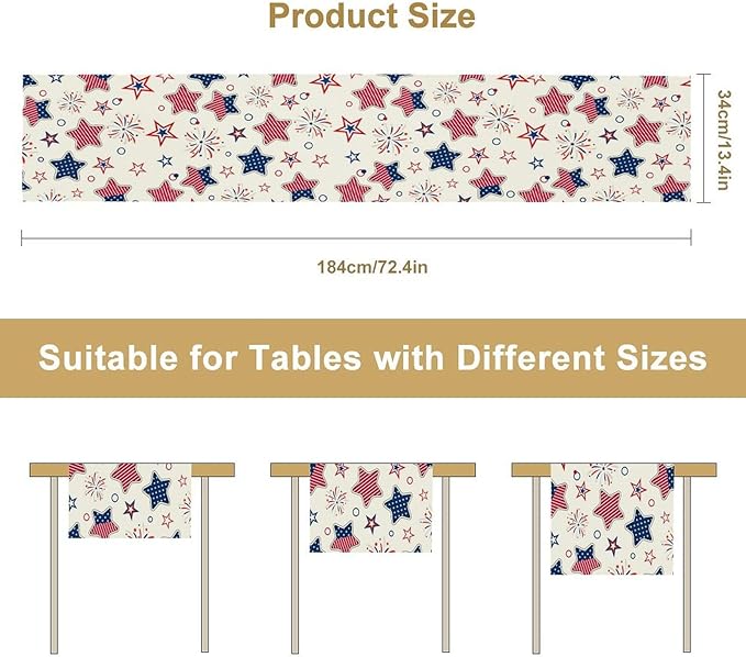 4th of July Table Runner, American Patriotic Independence Day Red Blue White Stars Stripes Fireworks Print Table Runner for Home Party Decor Kitchen Dining Table, 13x108inch