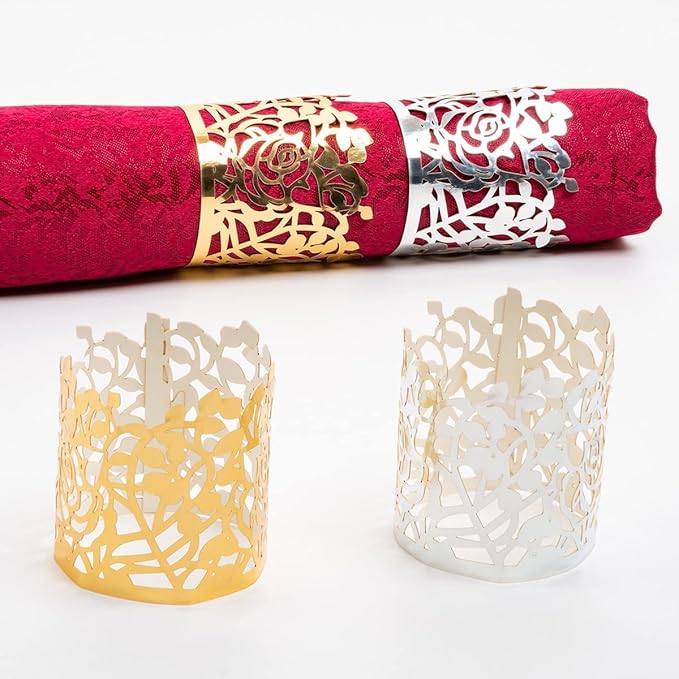 100pcs Disposable Rose Flower Paper Napkin Rings Laser Cut Foil Paper Napkin Holder, Leaf Vine Serviette Rings for Table Decoration,Christmas,Wedding,Party (Gold)
