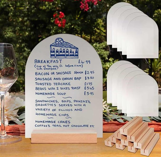 Frosted Blank Arch Acrylic Sign with Wooden Stands - 10 Pack DIY Customizable Sign Kit for Wedding Table Numbers, Restaurant Party Bridal Shower (6x8 Inch)