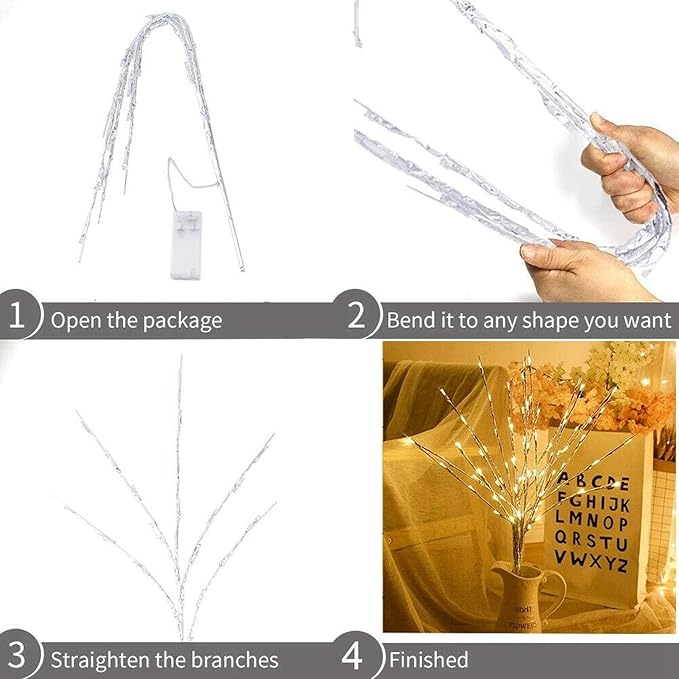 Lxcom Lighting LED Branch Lights 4 Pack 30 Inch Lighted Silver Wrapped Vase Filler Willow Lighted Twig Branch Battery Powered Twig Branches 20 LED Decorative Lights for Home Party Decor, Warm White