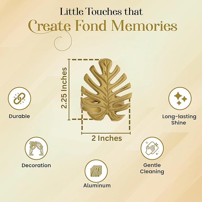 Napkin Rings Set of 12 Metal Napkin Holder Cuffs for Dinner Table Décor Monstera Leaf Farmhouse Modern Serviette Rings for Weddings, Parties, Receptions, Daily Use (Antique Gold) - ALPHA Living HOME