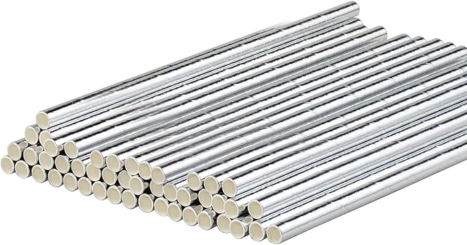 7.75" x 0.24" Silver Disposable Paper Drinking Straws for Cocktails, Party, Wedding, Bars, Restaurants, 100 Counts