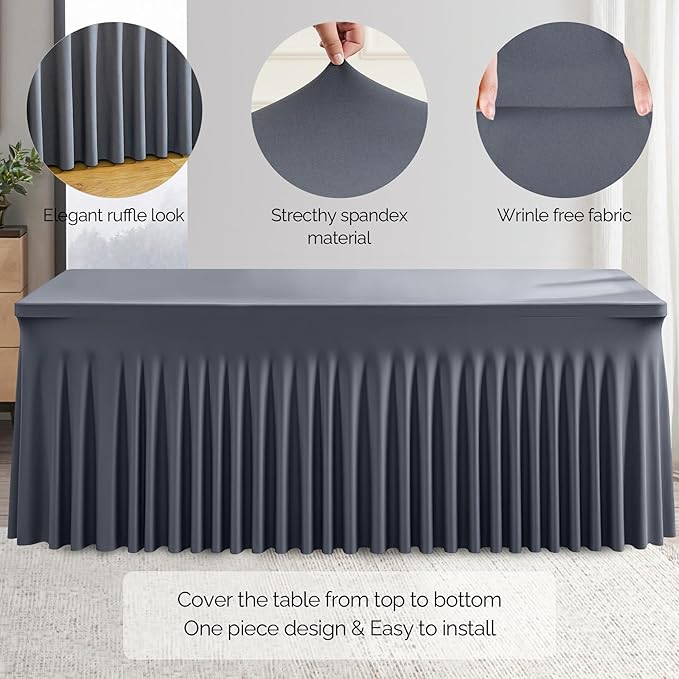 Wish Care 2 Pack Gray Spandex Table Clothes for 6 Foot Rectangle Tables, 6FT Wrinkle Free Fitted Tablecloths Ruffles Design Table Cover for Party, Banquet, Wedding and Events