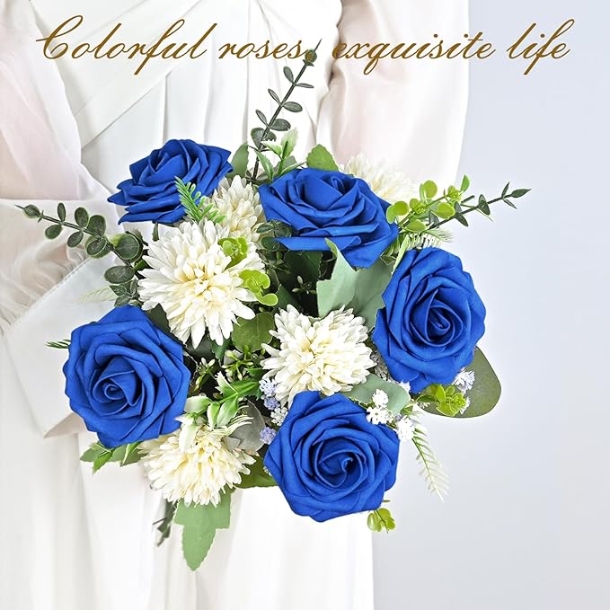 BLEUM CADE 16Pcs Artificial Flowers Fake Roses with Stems, Royal Blue Boxed Foam Roses for DIY Bouquets Centerpieces Wedding Party Arrangement Bridal Shower Decor