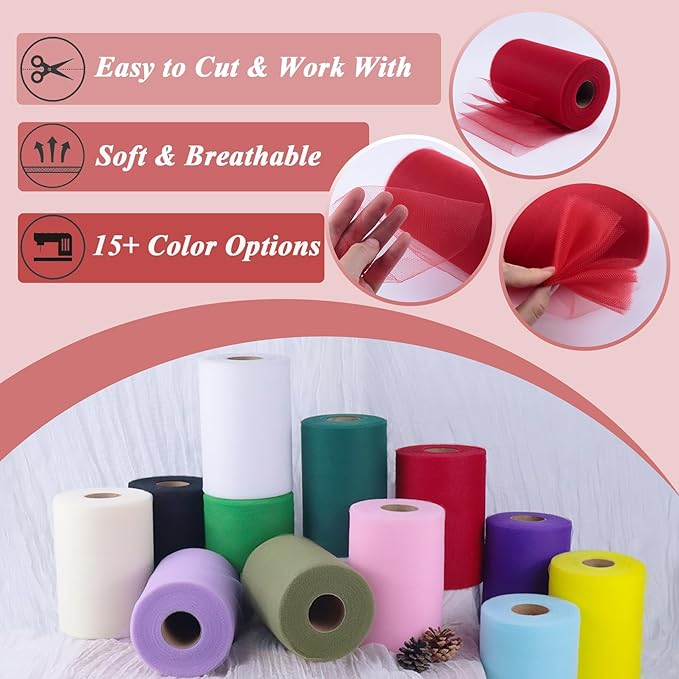 Red Tulle Fabric Roll 6" by 100 Yards (300 ft) Soft Tulle Spool for DIY Crafting Favor Supplies, Tutus, Wedding, Party Decorations, Gift Wrapping