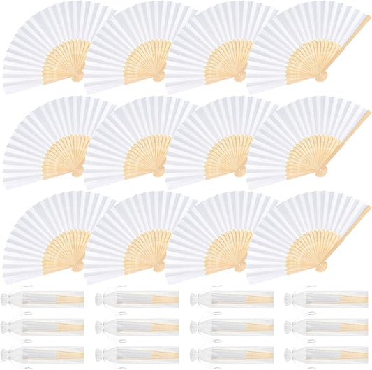 12 Pieces White Hand Held Bamboo Folding Fans Paper Fans Handheld for Women Foldable Girls Wedding Decoration Church Home Party Favors Summer
