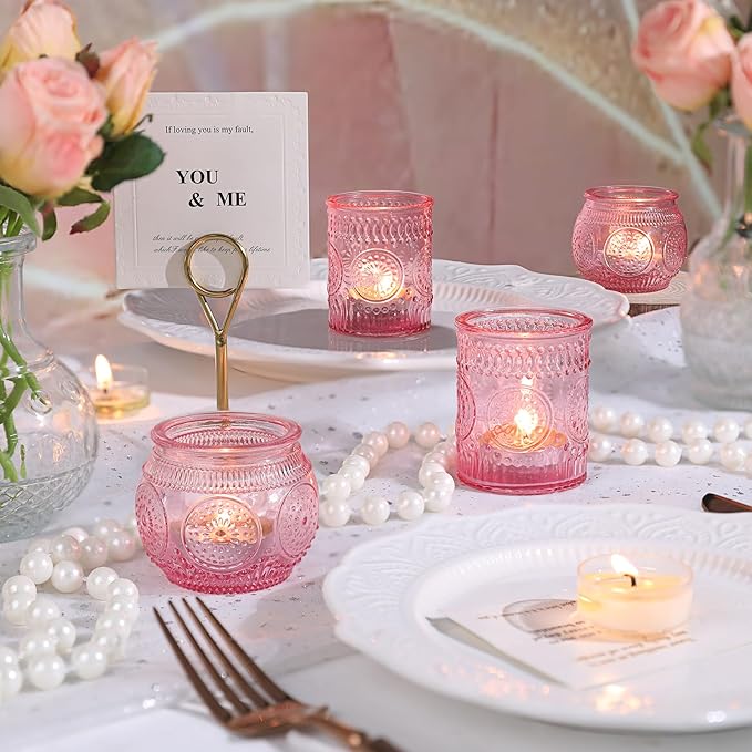 DARJEN 12Pcs Pink Votive Candle Holders - Glass Tea Light Candle Holder for Flameless LED Tea Waxes, Romantic Candle Holder for Wedding Decor, Various Parties & Dinner Table